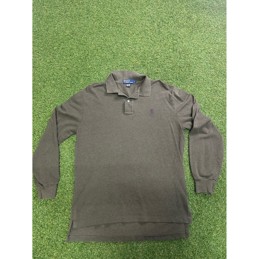 Polo Ralph Lauren Mens Large Olive Green Long Sleeve Pique Polo Purple Pony